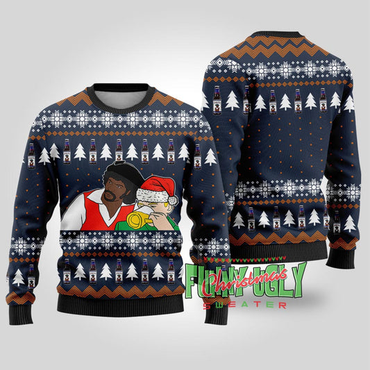 Funny Samuel Jackson Drink Beer Ugly Christmas Sweater Navy