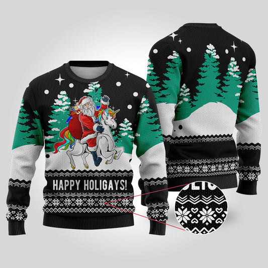 Funny Santa Happy Holigays Black Ugly Christmas Sweater - Funny Ugly Christmas Sweater