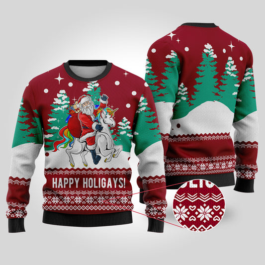 Funny Santa Happy Holigays Cardinal Red Ugly Christmas Sweater - Funny Ugly Christmas Sweater