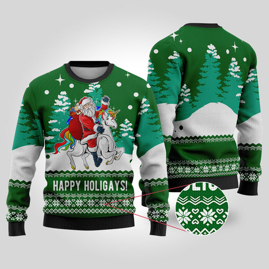 Funny Santa Happy Holigays Forest Green Ugly Christmas Sweater - Funny Ugly Christmas Sweater