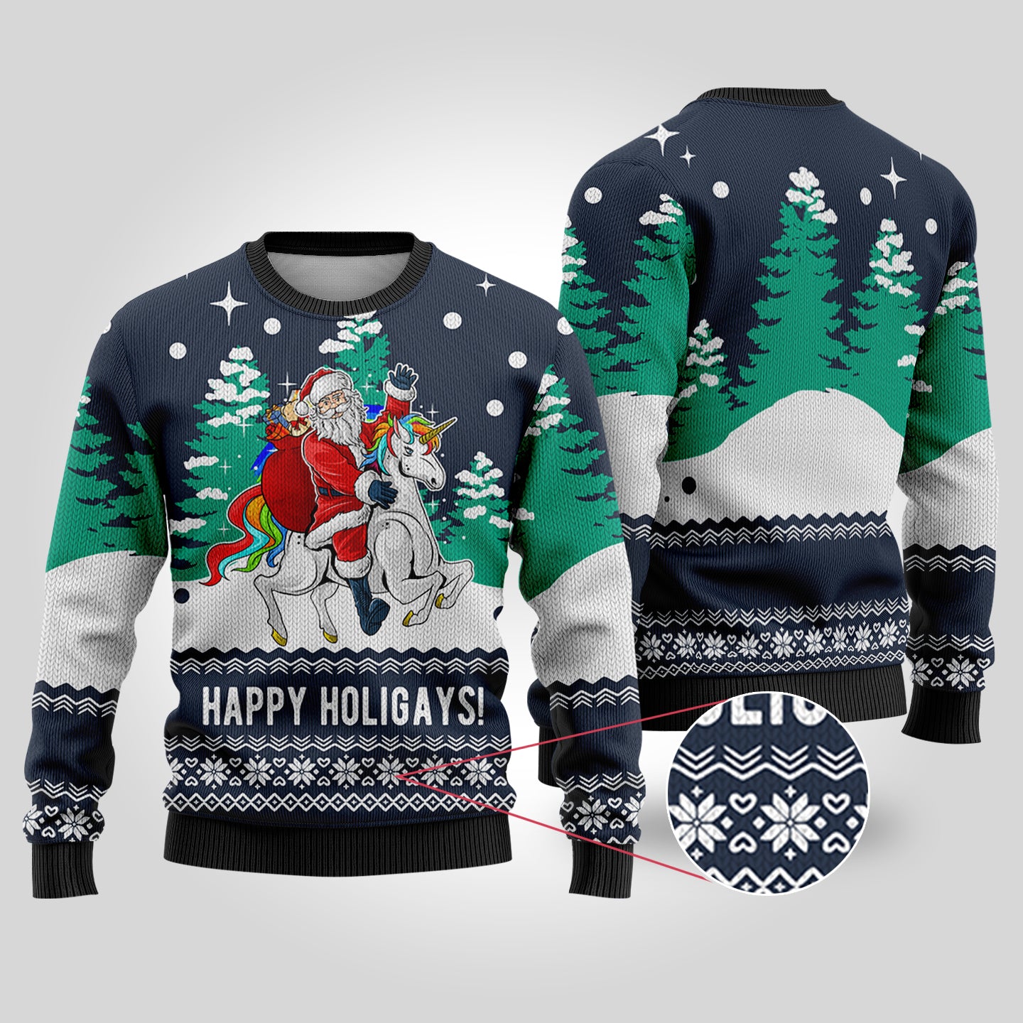 Funny Santa Happy Holigays Navy Ugly Christmas Sweater - Funny Ugly Christmas Sweater