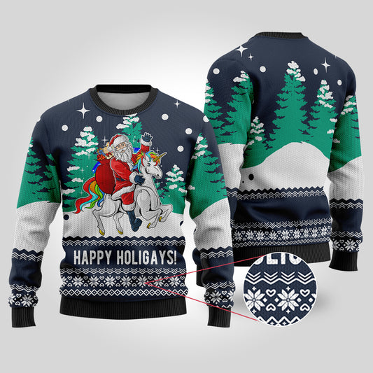 Funny Santa Happy Holigays Navy Ugly Christmas Sweater - Funny Ugly Christmas Sweater