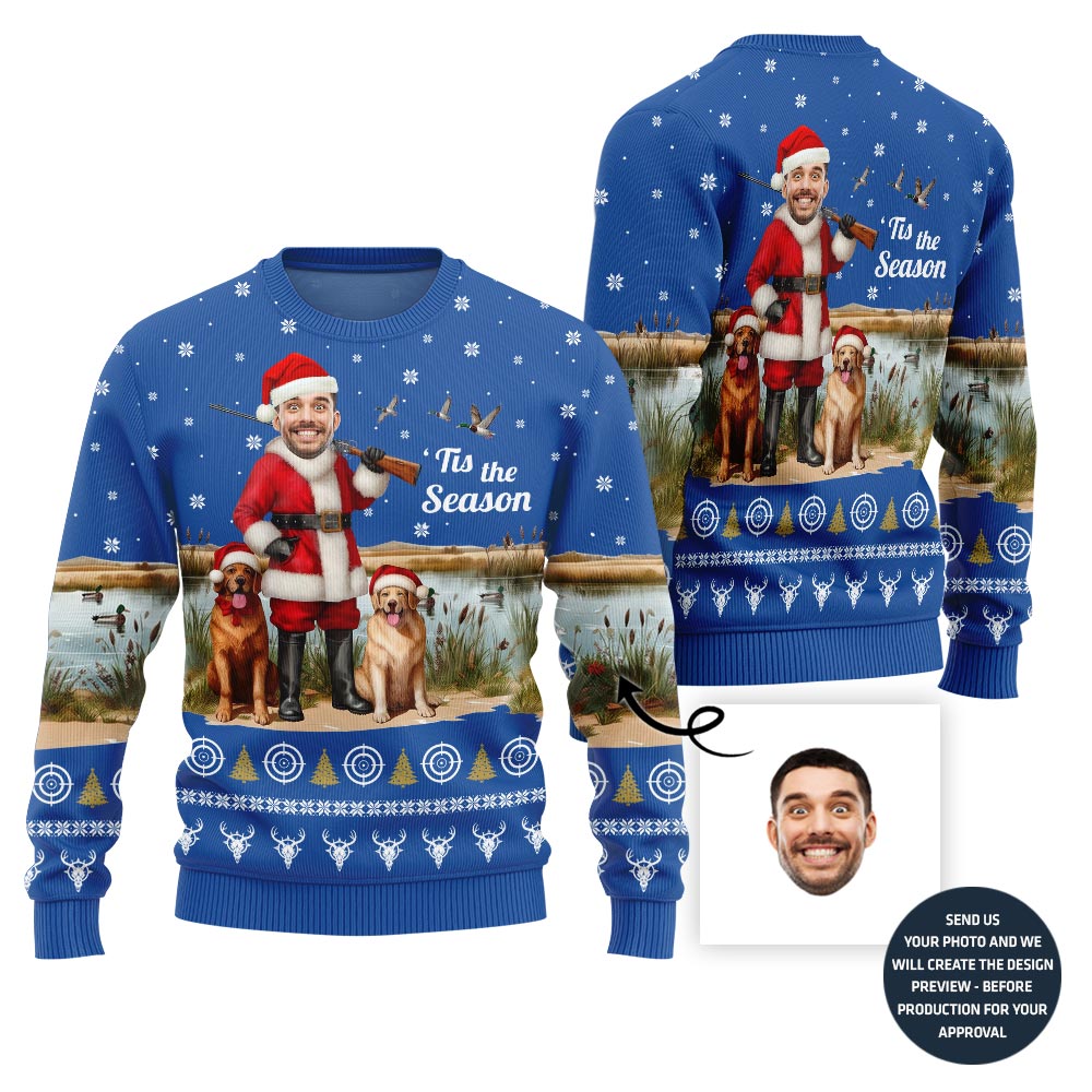 Funny Santa Hunter With Dogs Custom Face Ugly Christmas Sweater