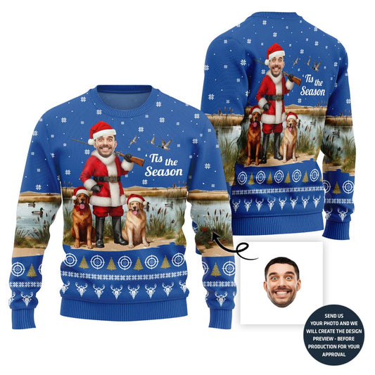 Funny Santa Hunter With Dogs Custom Face Ugly Christmas Sweater