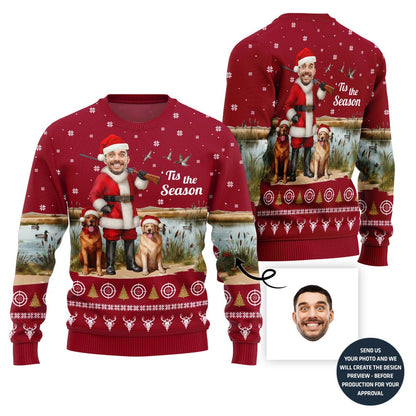 Funny Santa Hunter With Dogs Custom Face Ugly Christmas Sweater