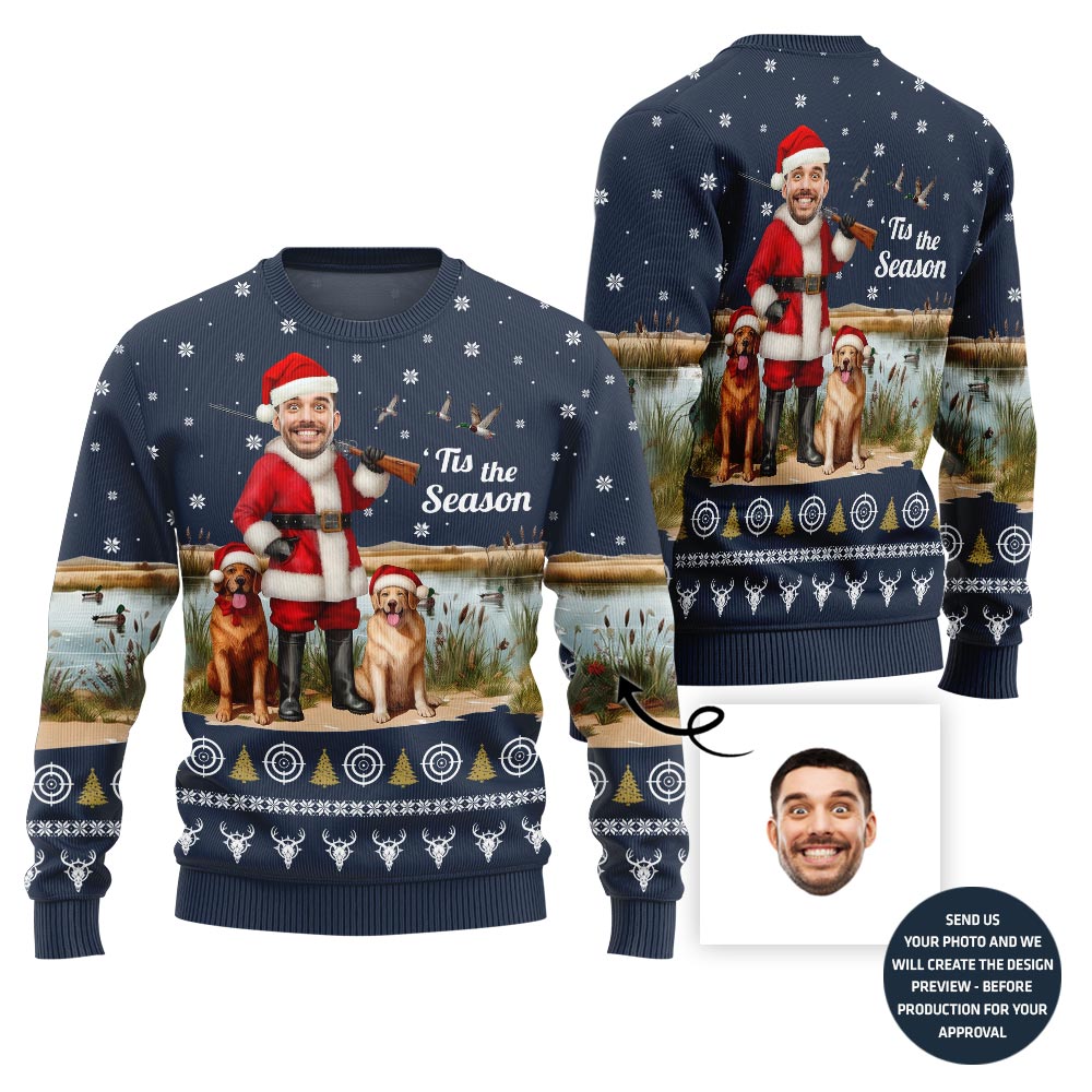 Funny Santa Hunter With Dogs Custom Face Ugly Christmas Sweater