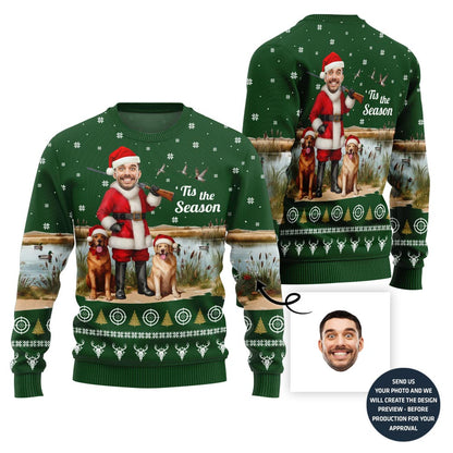 Funny Santa Hunter With Dogs Custom Face Ugly Christmas Sweater