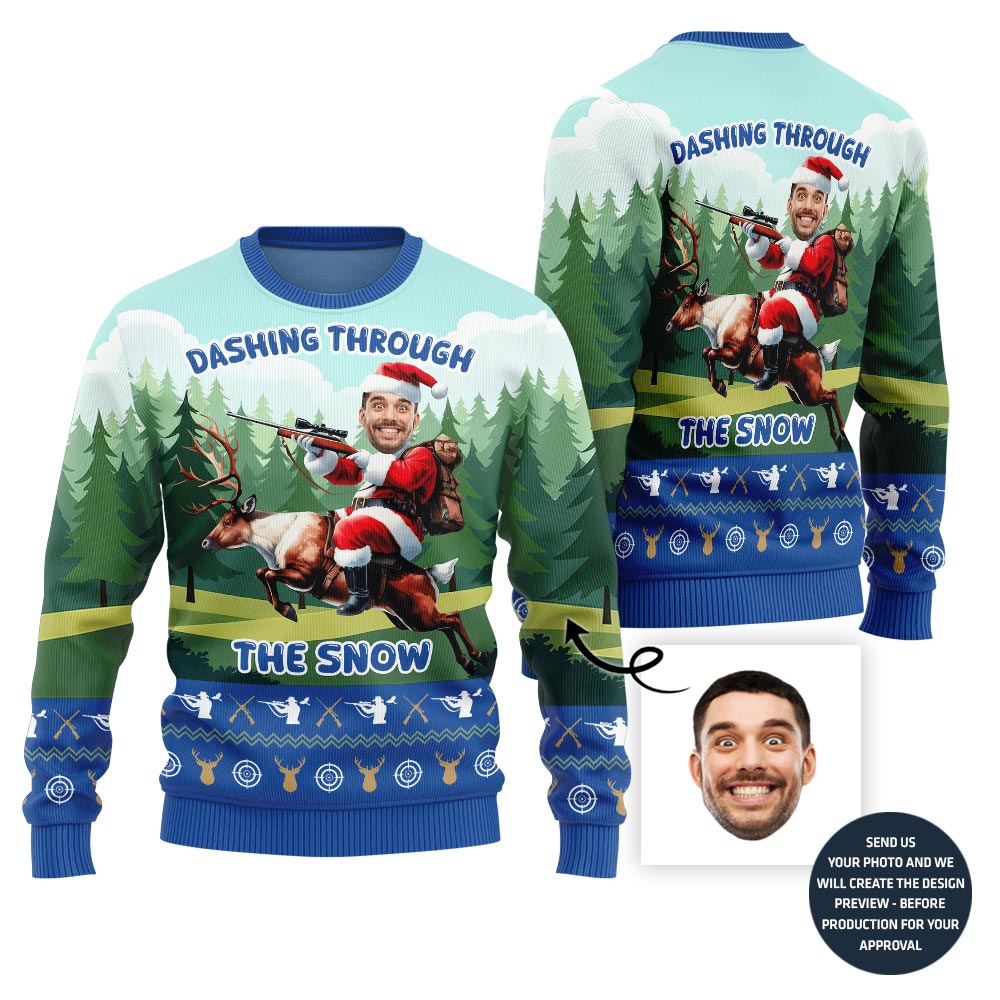 Funny Santa Hunting Reindeer Ugly Christmas Sweater