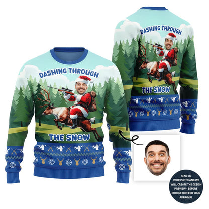 Funny Santa Hunting Reindeer Ugly Christmas Sweater