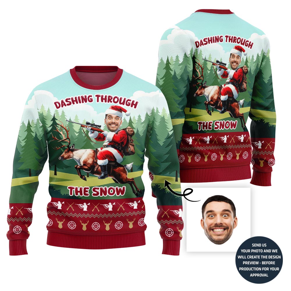 Funny Santa Hunting Reindeer Ugly Christmas Sweater