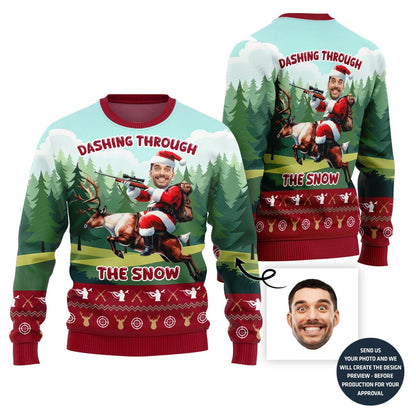 Funny Santa Hunting Reindeer Ugly Christmas Sweater