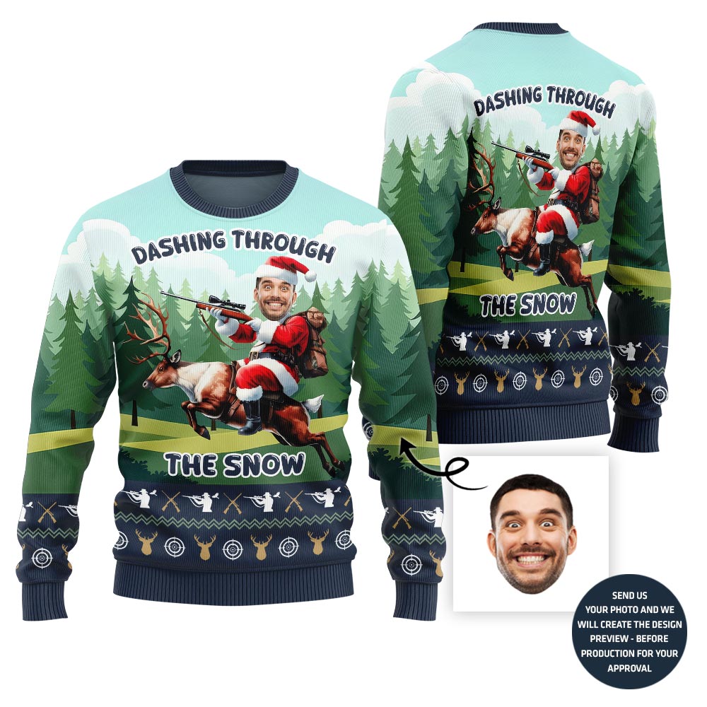 Funny Santa Hunting Reindeer Ugly Christmas Sweater