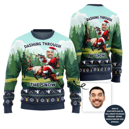 Funny Santa Hunting Reindeer Ugly Christmas Sweater