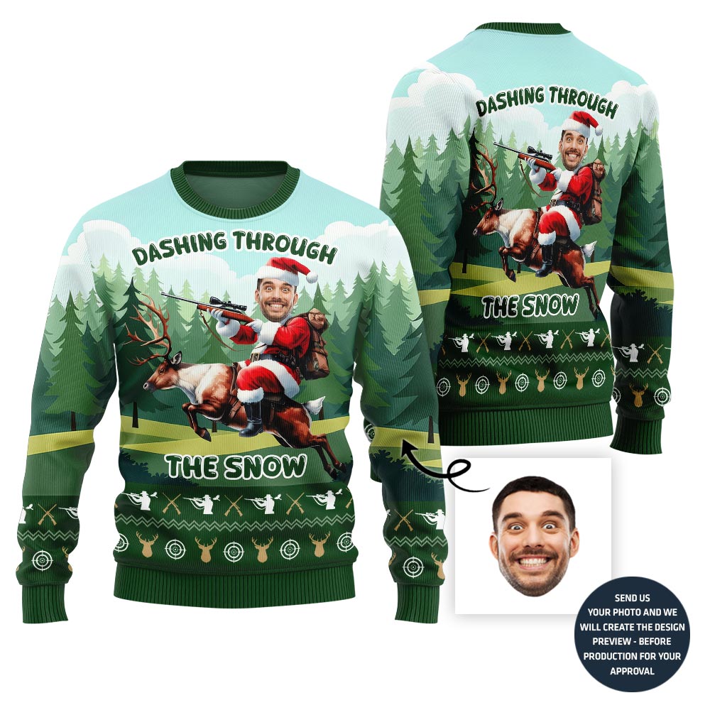 Funny Santa Hunting Reindeer Ugly Christmas Sweater