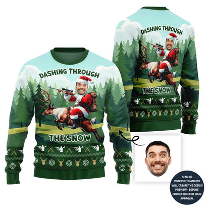 Funny Santa Hunting Reindeer Ugly Christmas Sweater