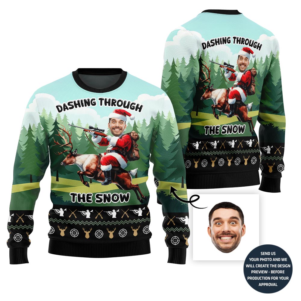 Funny Santa Hunting Reindeer Ugly Christmas Sweater