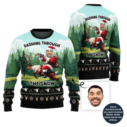 Funny Santa Hunting Reindeer Ugly Christmas Sweater