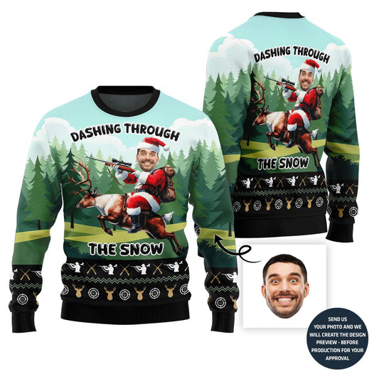 Funny Santa Hunting Reindeer Ugly Christmas Sweater