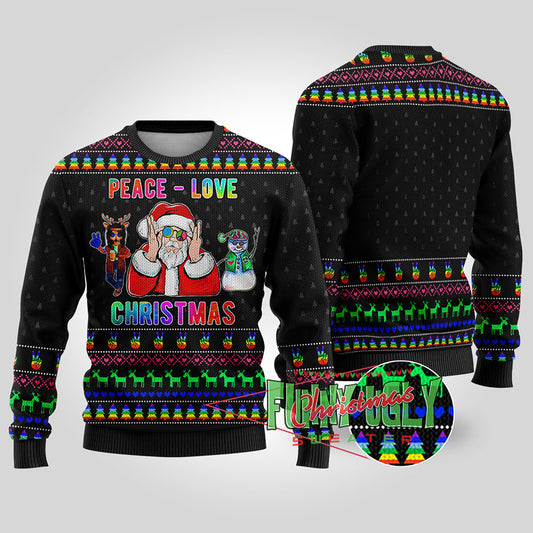 Funny Santa Loves Peace Hip Hop Christmas Sweater Black