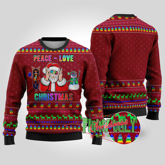 Funny Santa Loves Peace Hip Hop Christmas Sweater Cardinal Red