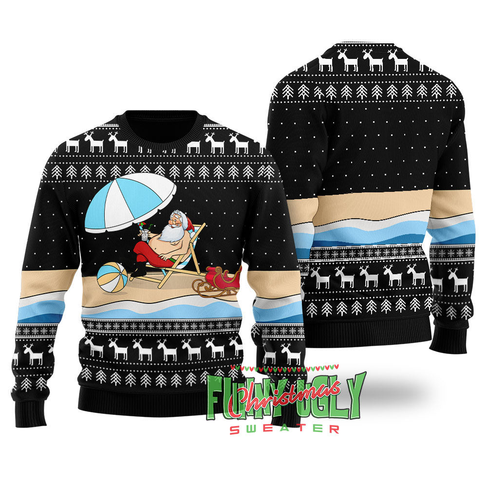 Funny Santa On The Beach Ugly Christmas Sweater Black