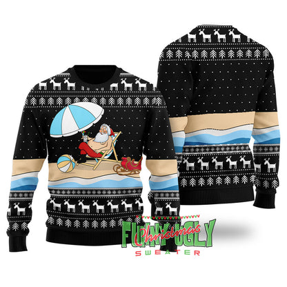 Funny Santa On The Beach Ugly Christmas Sweater Black