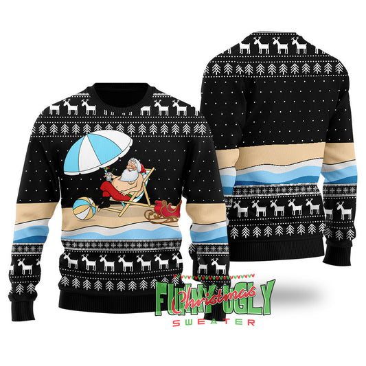 Funny Santa On The Beach Ugly Christmas Sweater Black