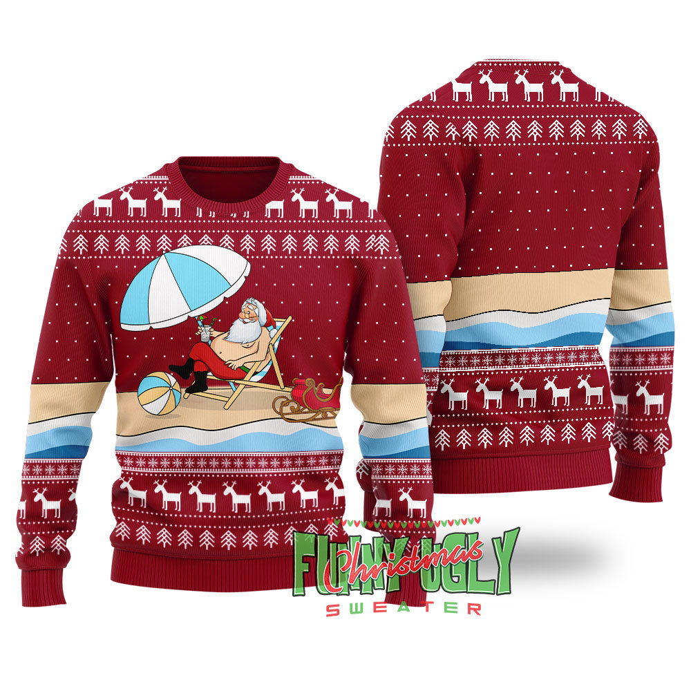 Funny Santa On The Beach Ugly Christmas Sweater Cardinal Red