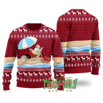 Funny Santa On The Beach Ugly Christmas Sweater Cardinal Red