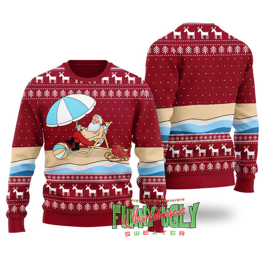 Funny Santa On The Beach Ugly Christmas Sweater Cardinal Red