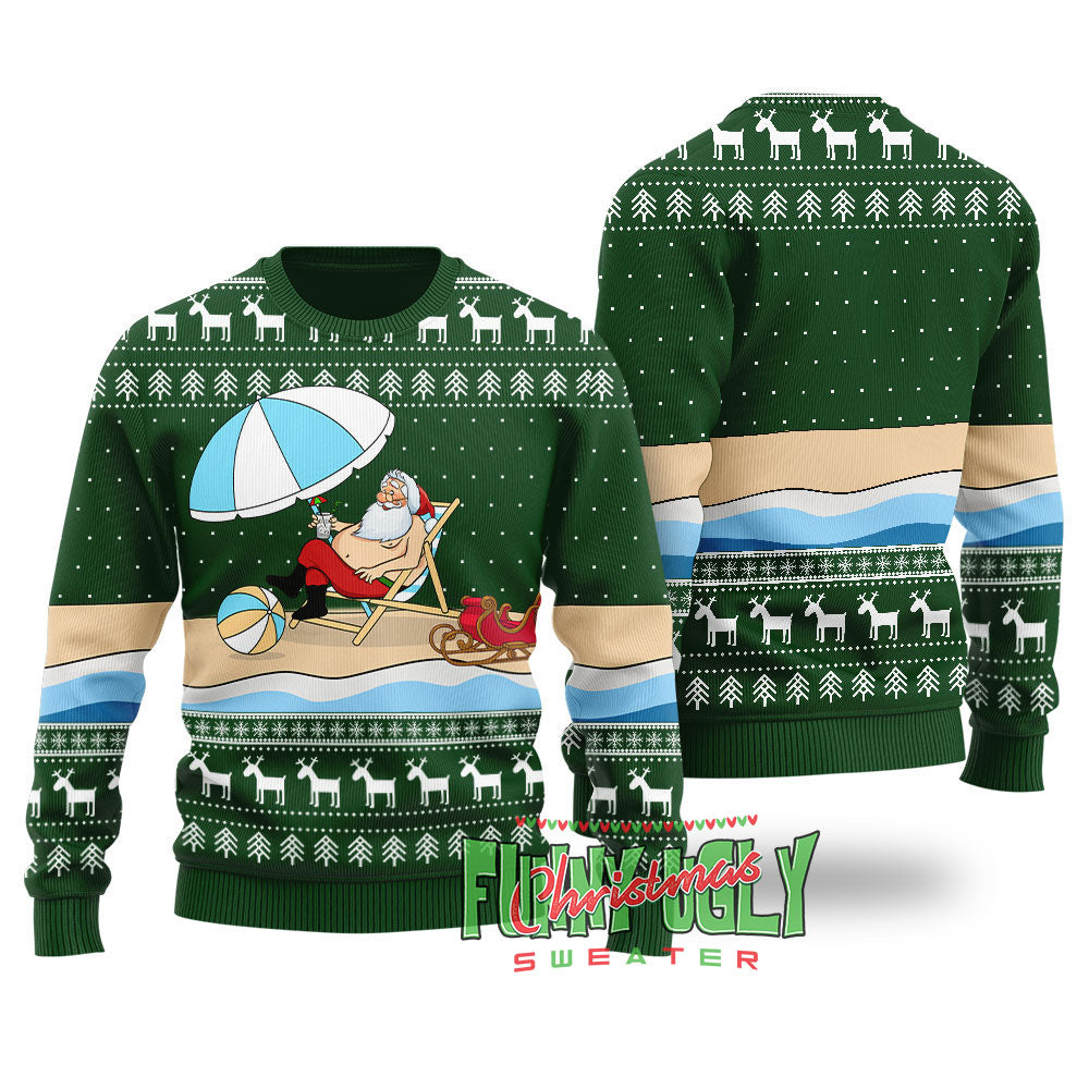 Funny Santa On The Beach Ugly Christmas Sweater Forest Green