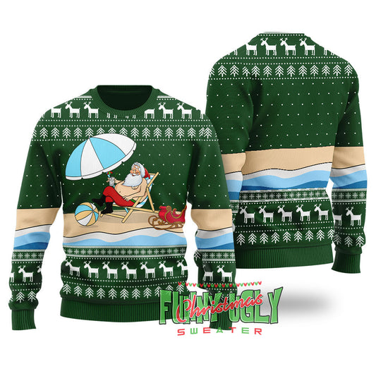 Funny Santa On The Beach Ugly Christmas Sweater Forest Green