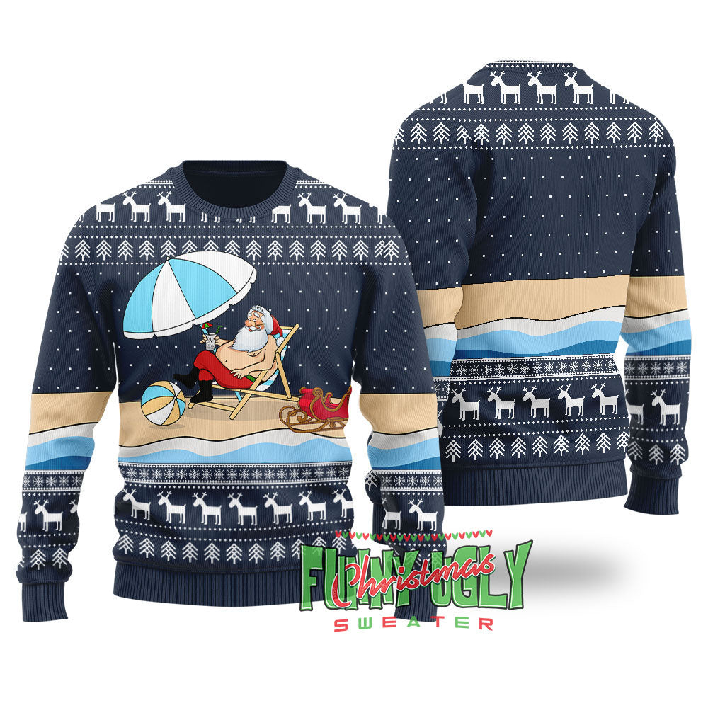 Funny Santa On The Beach Ugly Christmas Sweater Navy
