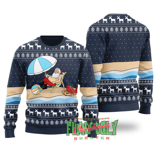 Funny Santa On The Beach Ugly Christmas Sweater Navy