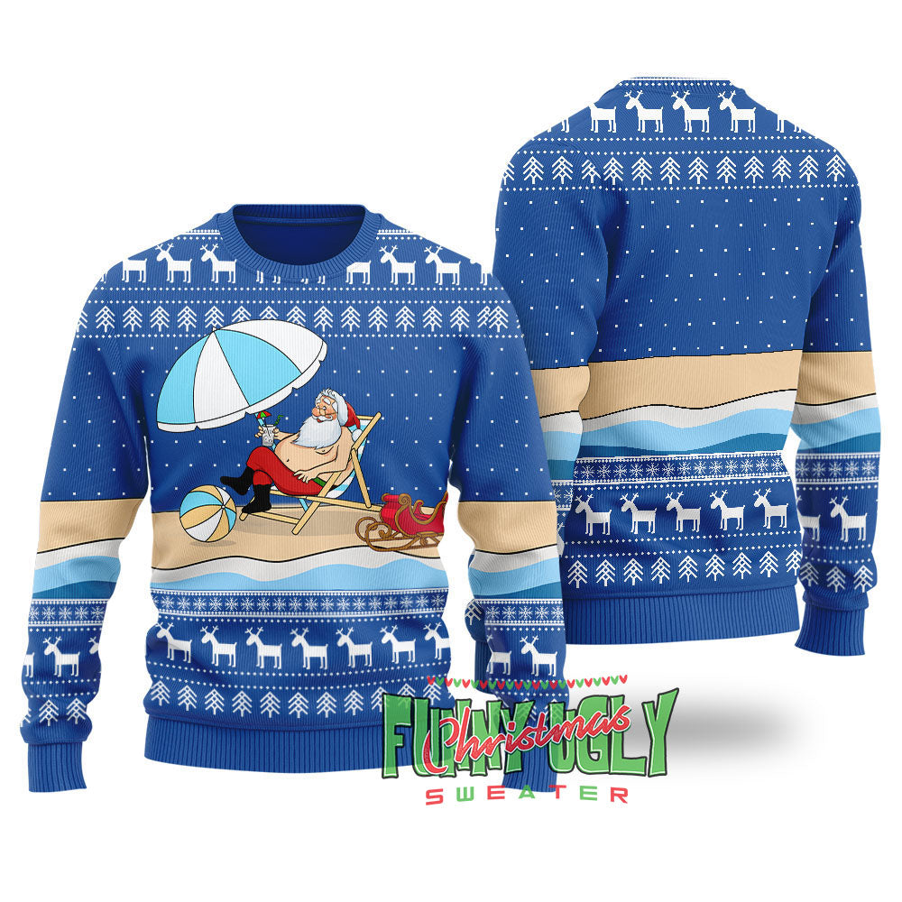 Funny Santa On The Beach Ugly Christmas Sweater Royal
