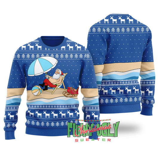 Funny Santa On The Beach Ugly Christmas Sweater Royal