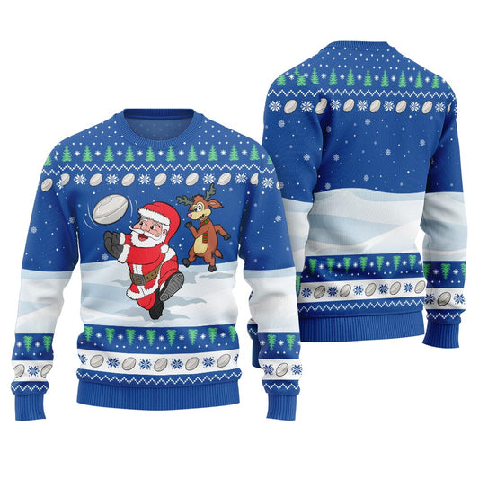 Funny Santa Playing Rugby Ugly Christmas Sweater
