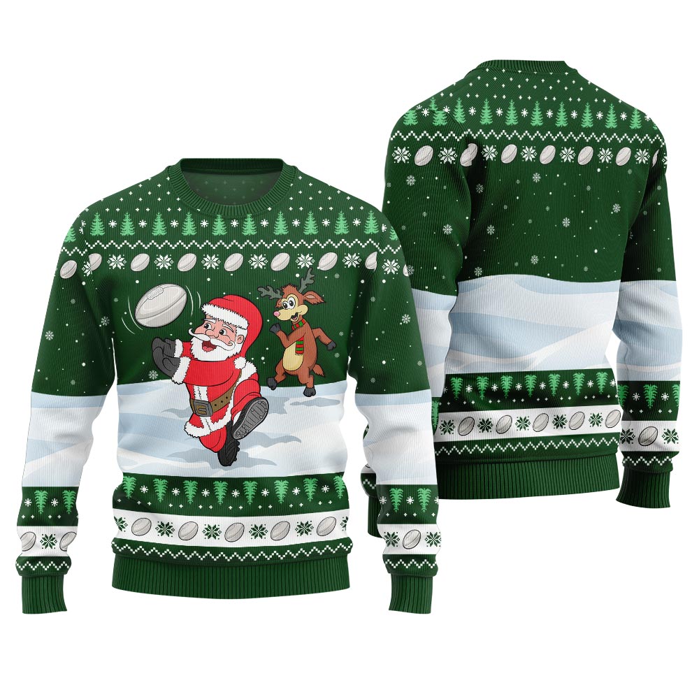 Funny Santa Playing Rugby Ugly Christmas Sweater