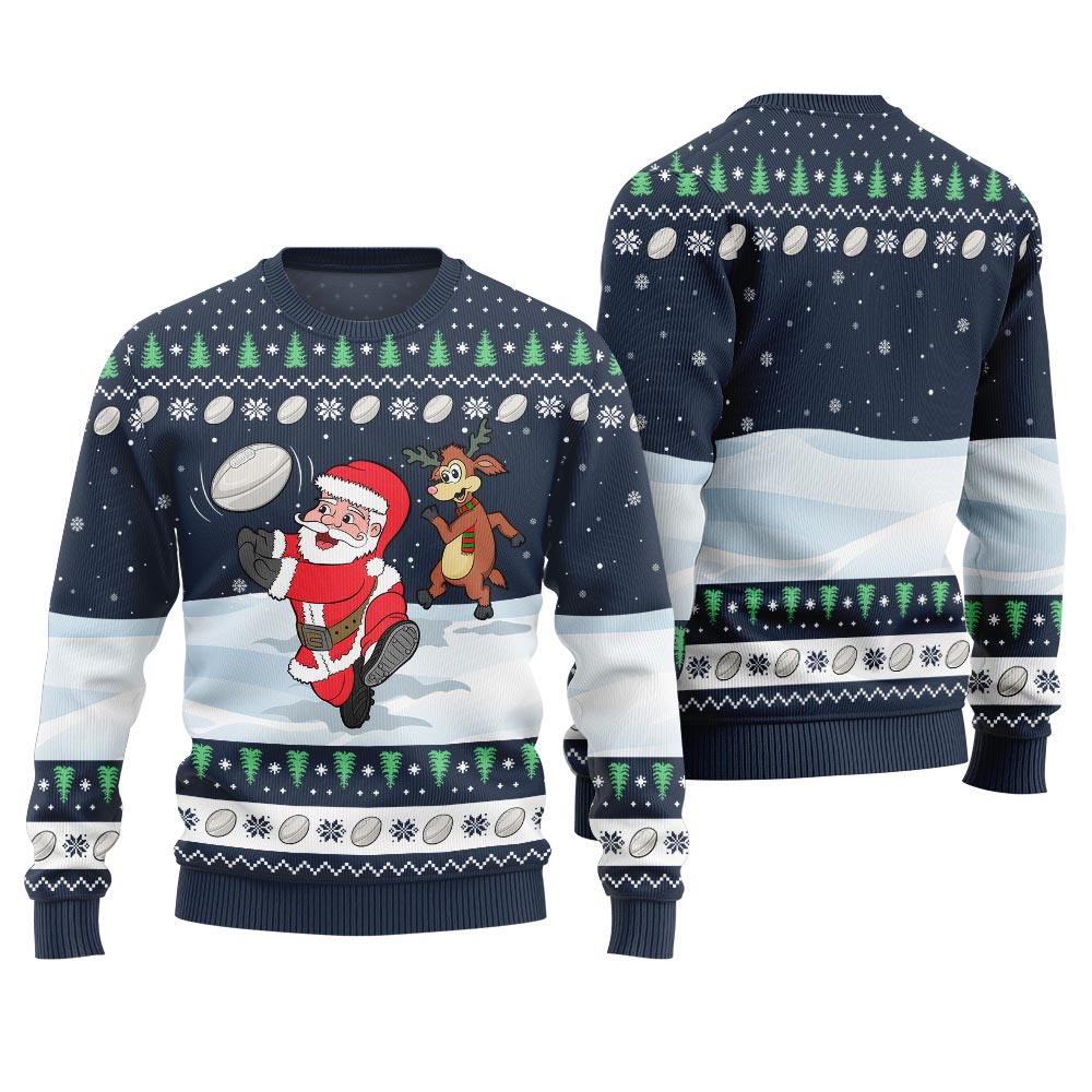 Funny Santa Playing Rugby Ugly Christmas Sweater