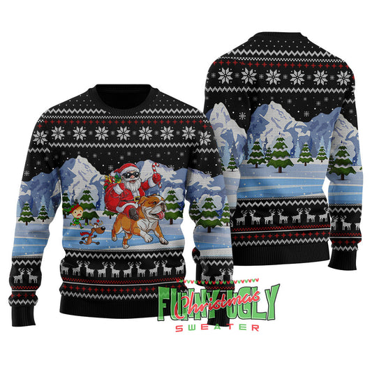 Funny Santa Riding Bulldog Christmas Sweater Black