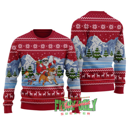 Funny Santa Riding Bulldog Christmas Sweater Cardinal Red