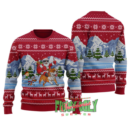 Funny Santa Riding Bulldog Christmas Sweater Cardinal Red