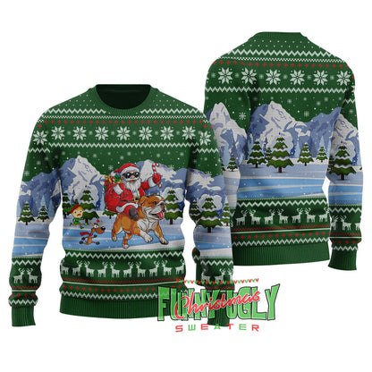 Funny Santa Riding Bulldog Christmas Sweater Forest Green