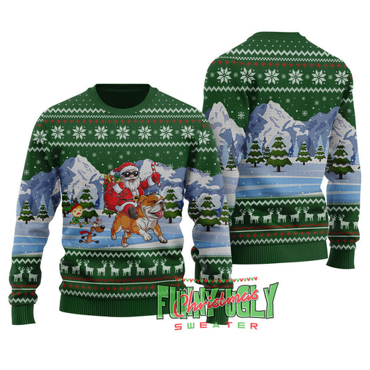 Funny Santa Riding Bulldog Christmas Sweater Forest Green
