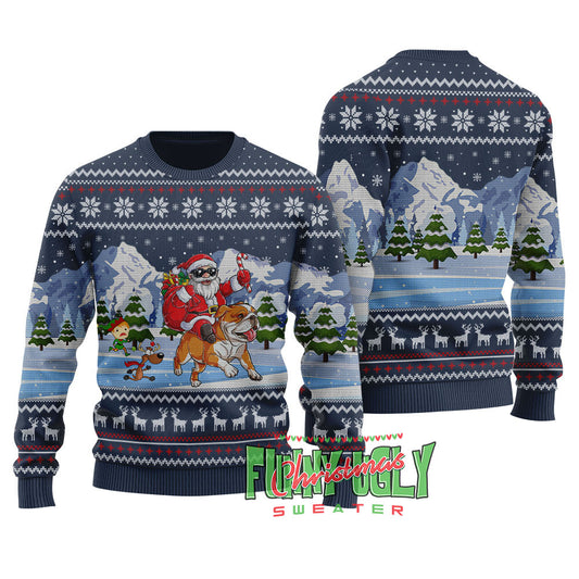 Funny Santa Riding Bulldog Xmas Sweater Navy