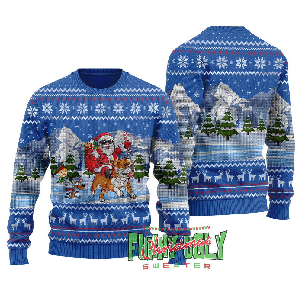 Santa Riding Ugly Bulldog Christmas Sweater Royal