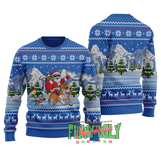Santa Riding Ugly Bulldog Christmas Sweater Royal