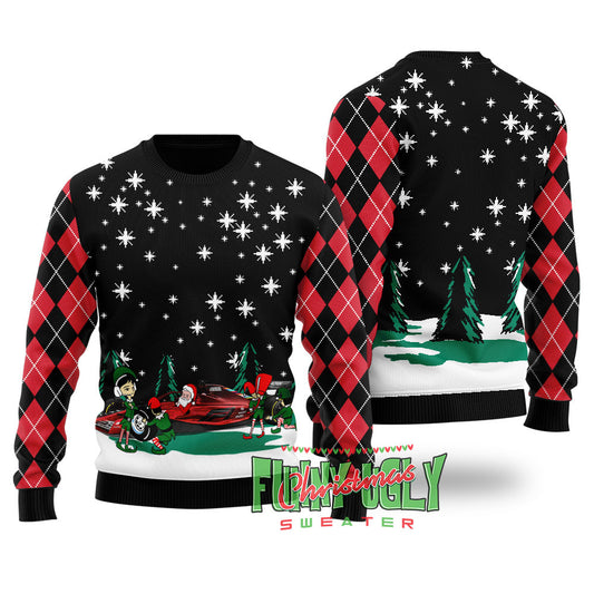 Funny Santa Riding F1 Ugly Christmas Sweater Black