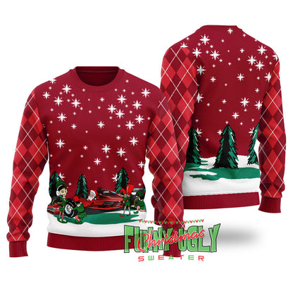 Funny Santa Riding F1 Ugly Christmas Sweater Cardinal Red