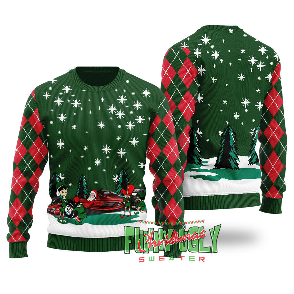 Funny Santa Riding F1 Ugly Christmas Sweater Forest Green